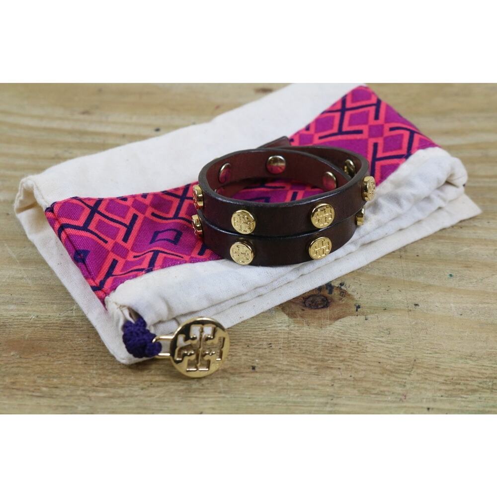 Tory Burch Brown Leather Double Wrap Bracelet Gold Logo Studs Jewelry